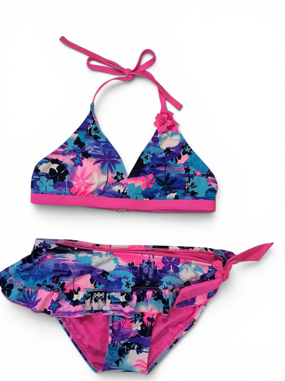 Justice Store Pink and Blue Tropical Floral Two-Piece Bikini with Faux Tie Side